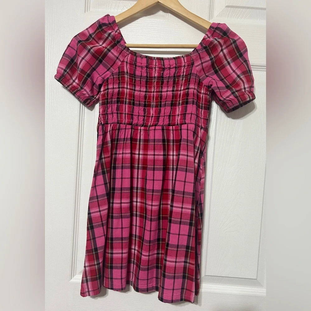 OLD NAVY Girls Pink Plaid Smocked Dress Cotton Puff Sleeves Size 6-7